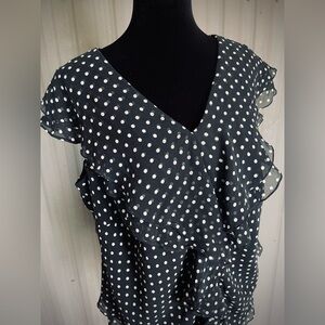 Adrianna Papell Woman 100% Silk Chiffon Top Ruffle Sleeveless Polka Dot sz 14W